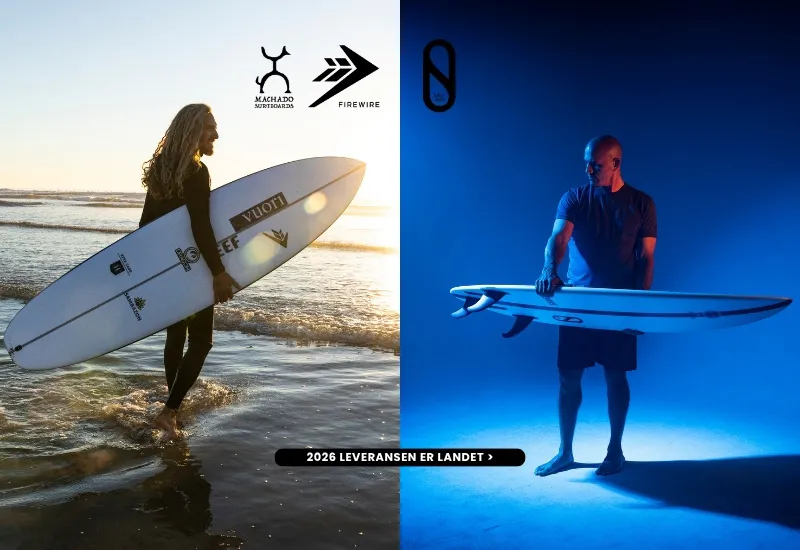 Vårens nyheter fra Firewire og slater designs. Avanserte surfebrett dra Firewire. Bilde av Rob Machado som holder Xtra Cado og Kelly Slater som holder Minecraft surfebrettene.